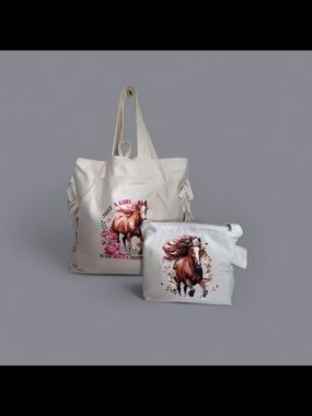 Cream Canvas Tote and Matching Pouch with Horse Print